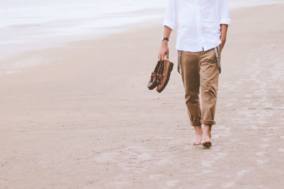 Alone,Man,Walking,On,The,Beach,Carrying,Leather,Shoes