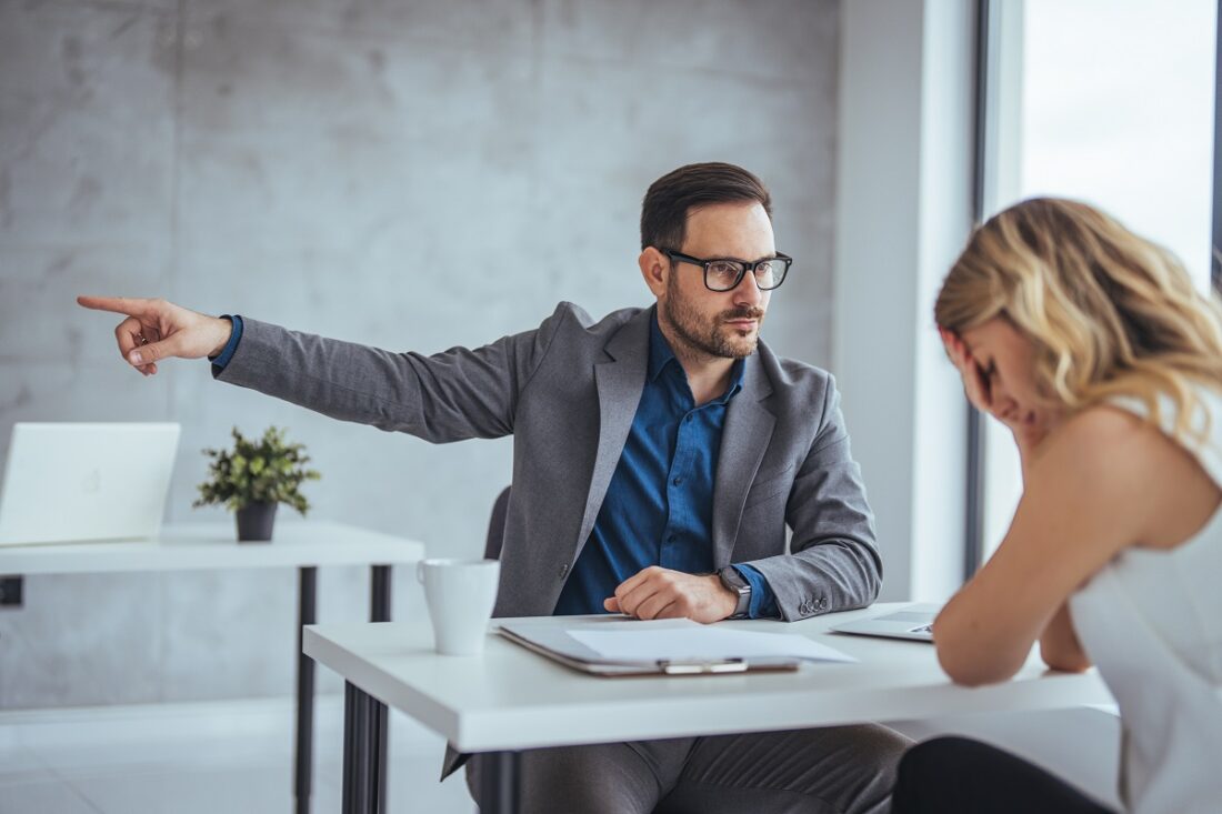 Getting,Fired.,Angry,Boss,Pointing,Female,Employee,On,Exit,Way.